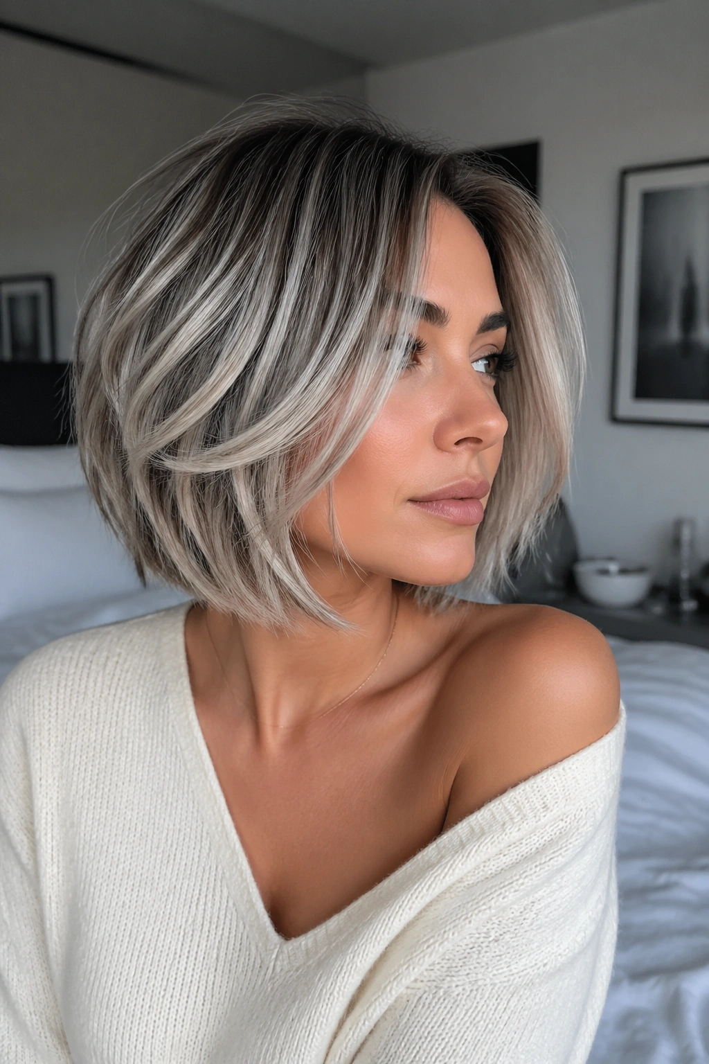 Portrait of a real woman with icy ash balayage on a layered bob under cool bedroom lighting