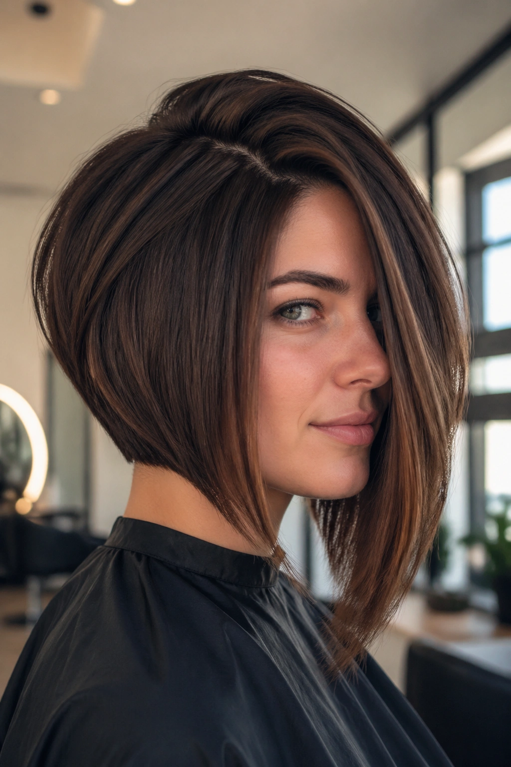 Close-up portrait of a real person with an inverted asymmetrical bob on thick hair.