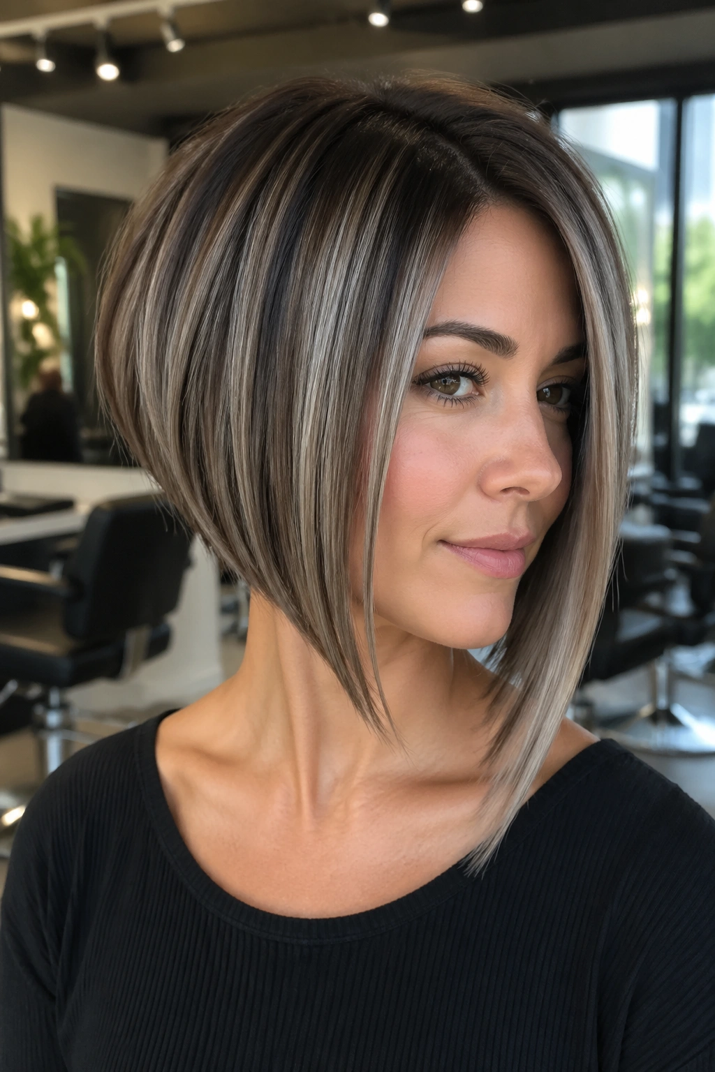 Close-up portrait of a real woman with an inverted bob and cool ash ribbons highlighting the geometry