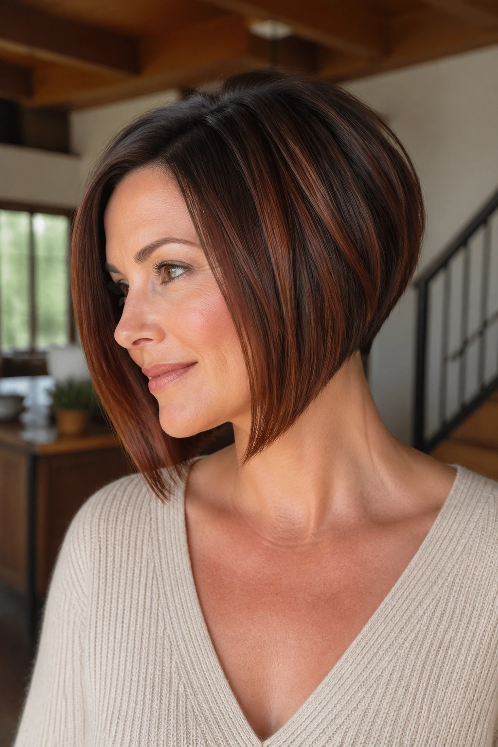Close-up portrait of a real woman with Inverted Bob with Auburn Glaze hair