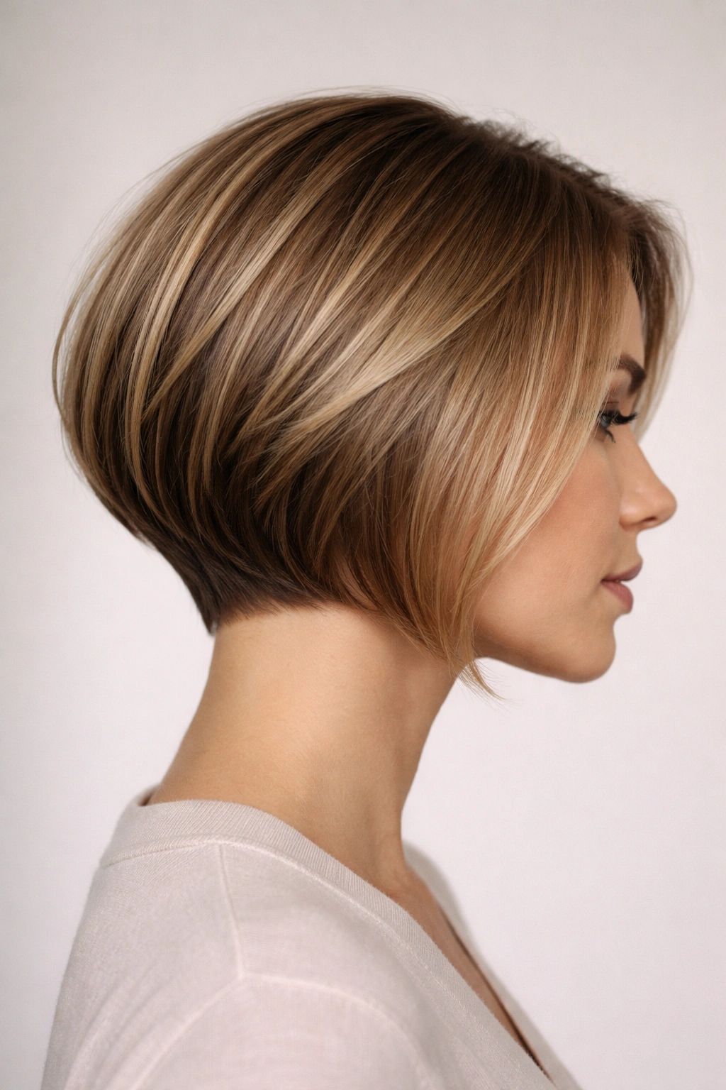 Profile view of inverted bob showing short nape and longer front pieces
