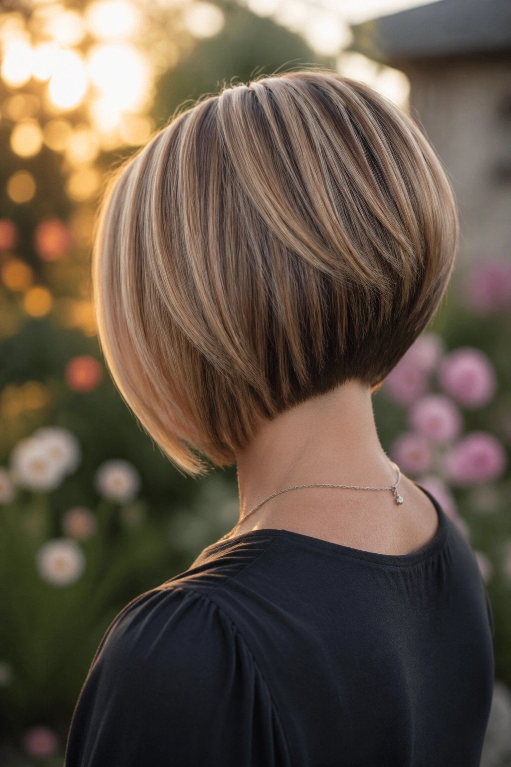 Back-view portrait of a woman with an inverted bob showing a stacked nape