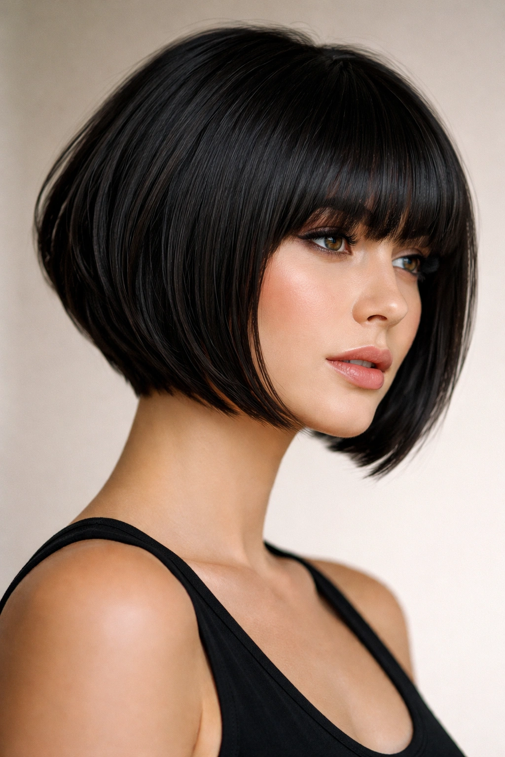 Close-up of inverted bob with dense bangs framing forehead, studio lighting