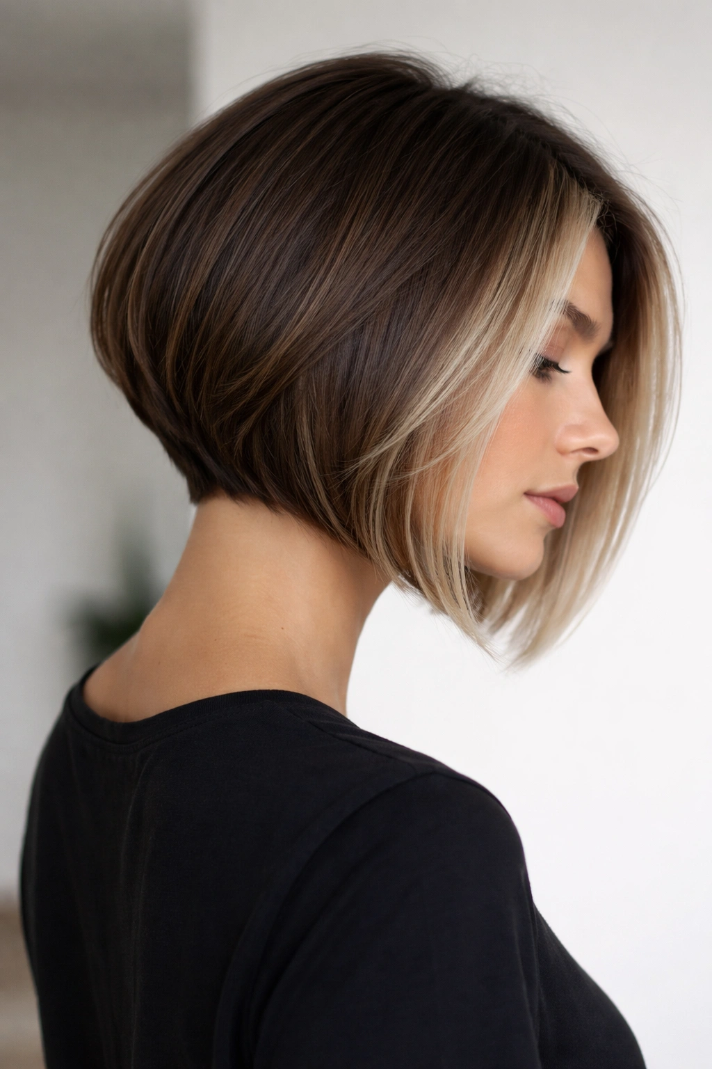 Inverted bob with cool beige face framing strips and a neat, edgy silhouette