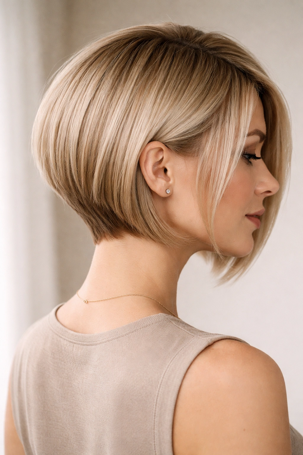 Inverted bob with short back and longer front showing clean diagonal line