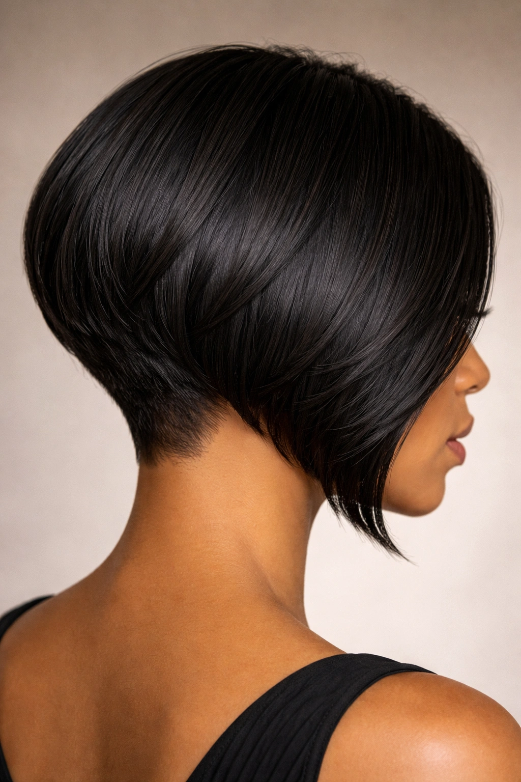 Inverted bob showing stacked back and a clean nape on black hair