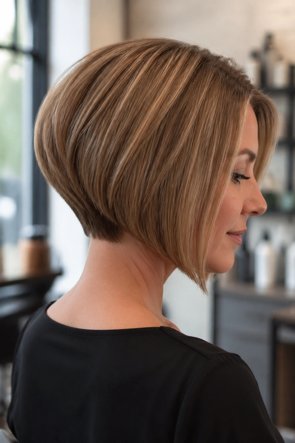 Close-up portrait of a real woman with a classic inverted bob and a clean nape in a sunlit salon.