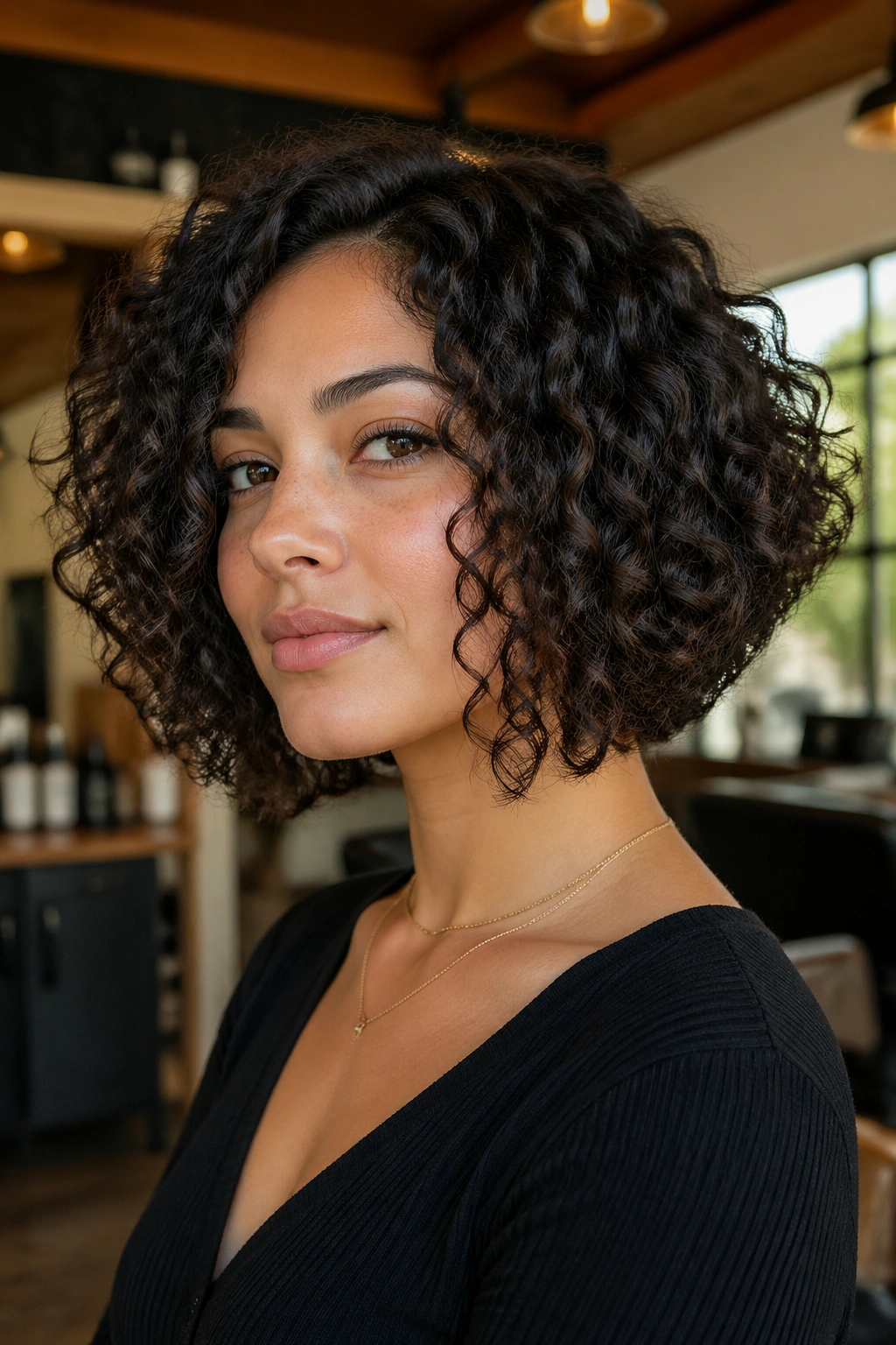 Portrait of a real person with jaw-length inverted bob