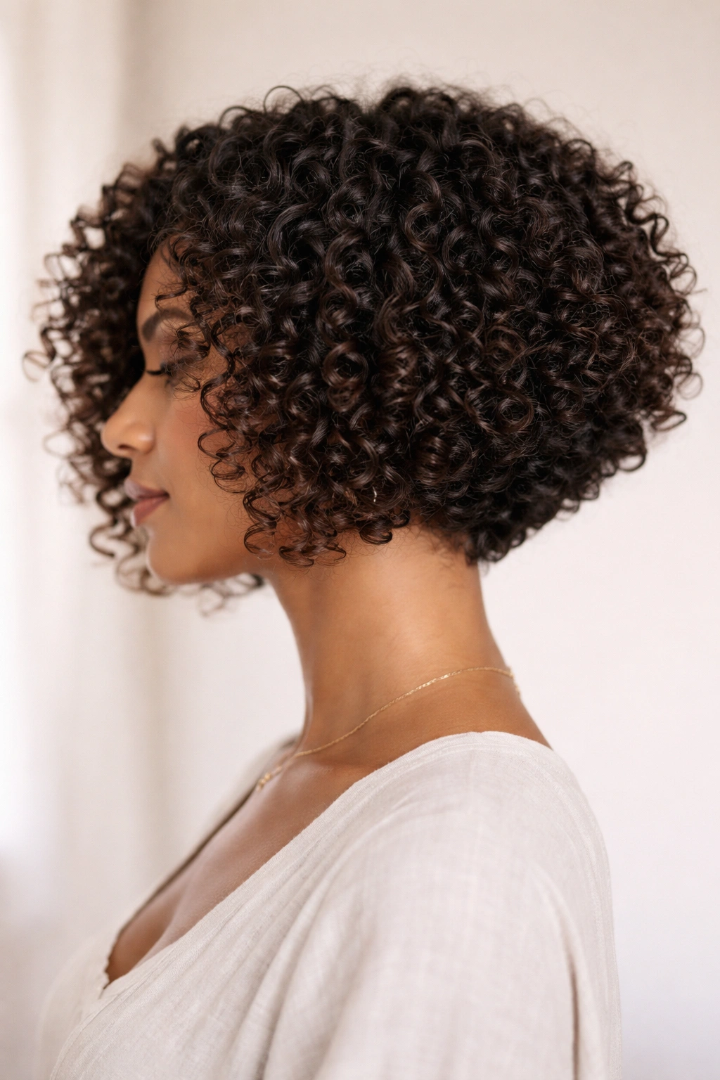 Inverted bob with curly undercurve showing front length and inverted shape