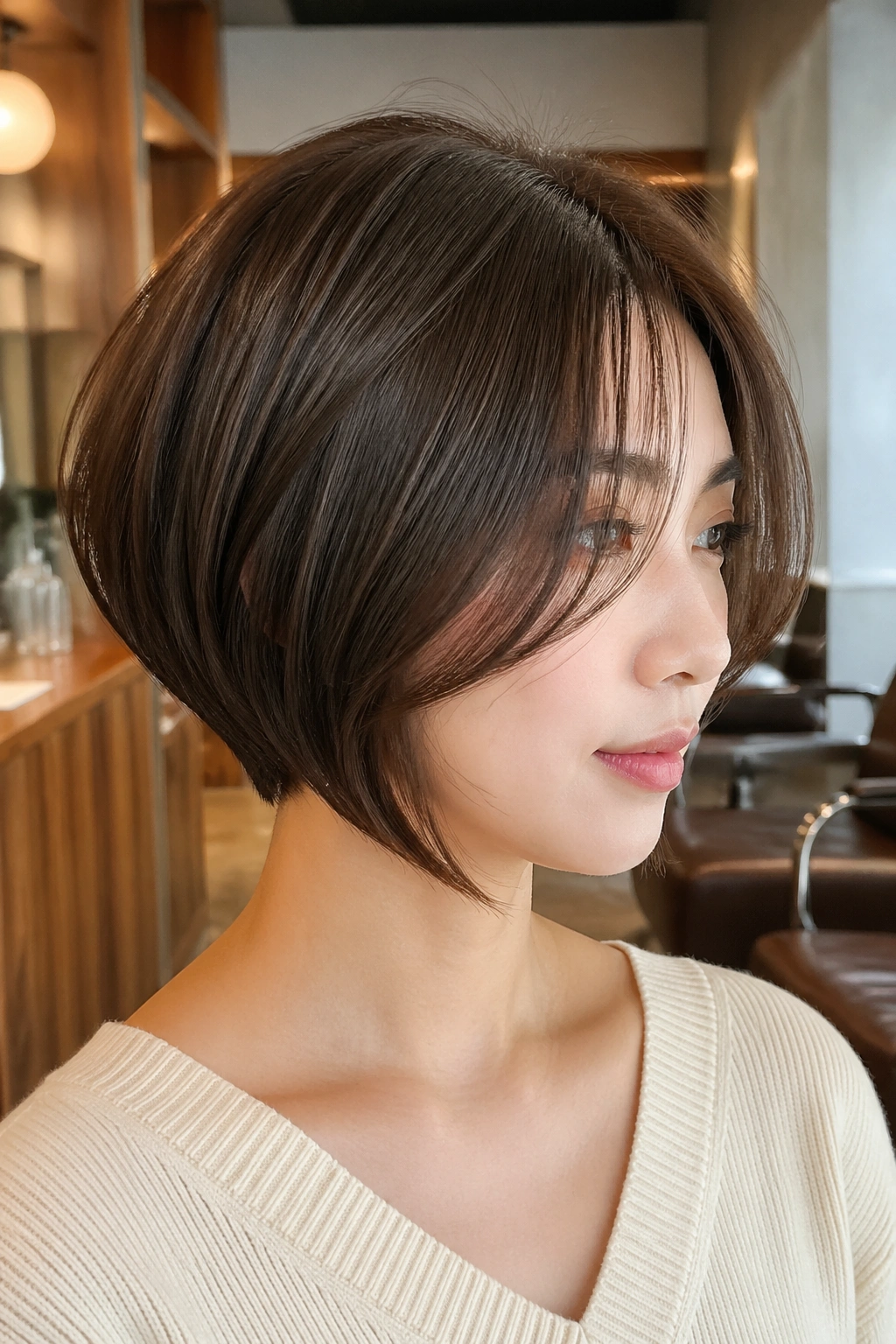 Portrait of a real person with an inverted bob and long curtain fringe in a stylish salon