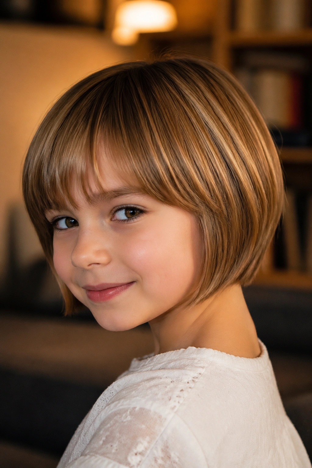 Child with inverted bob and feathered bangs portrait