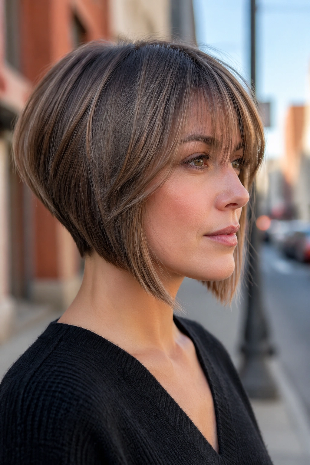 Close-up of a person with an inverted bob and feathered bangs on an urban street