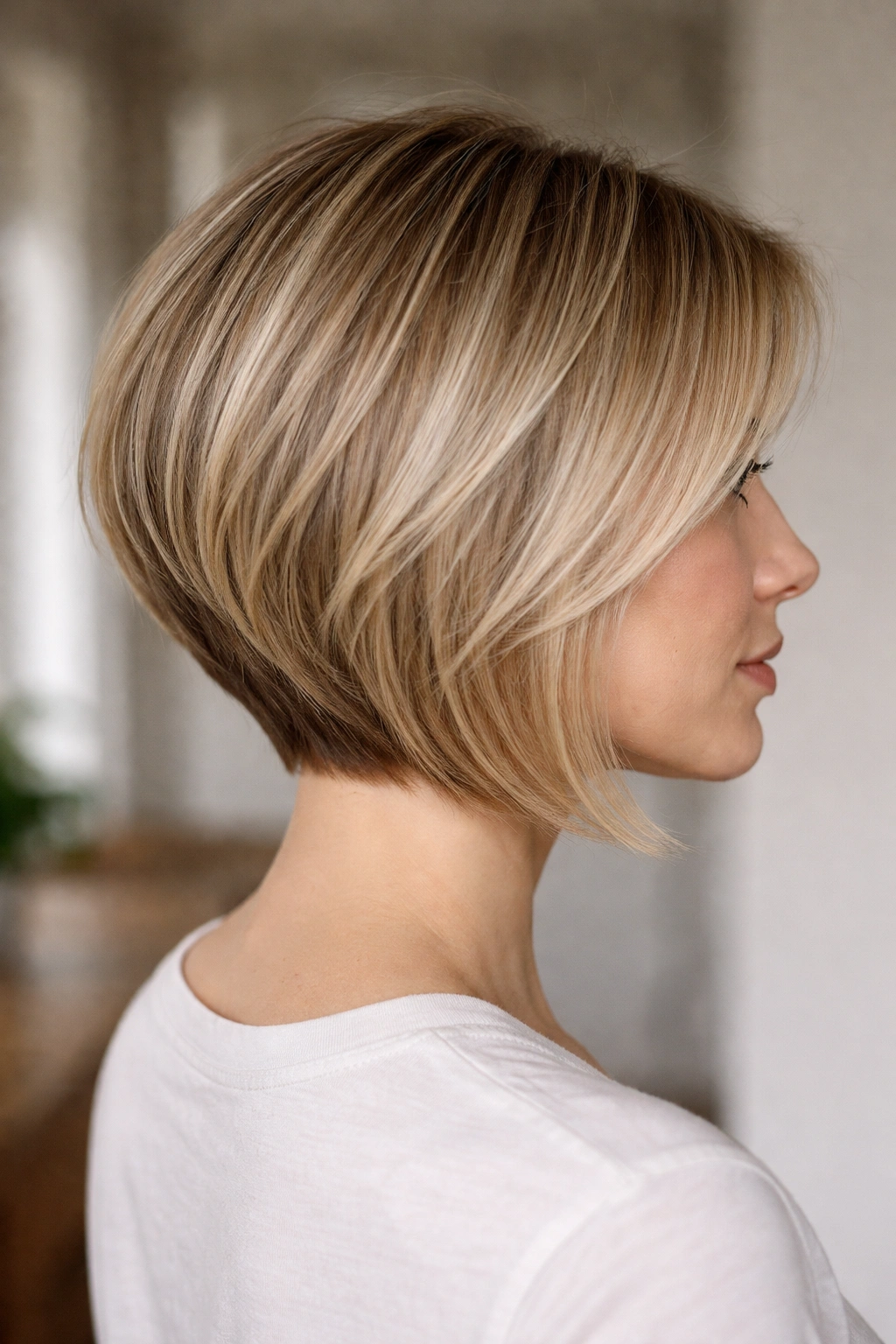 Profile view of inverted bob with front longer than back