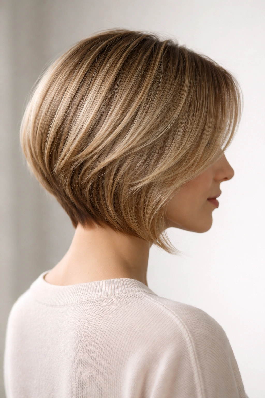 Back view of inverted bob with gentle graduation and lift