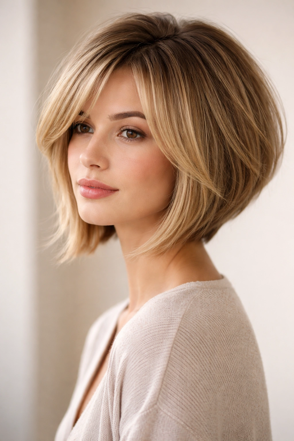 Close-up head-and-shoulders of inverted bob with long split bangs showing crown lift and soft front frame.