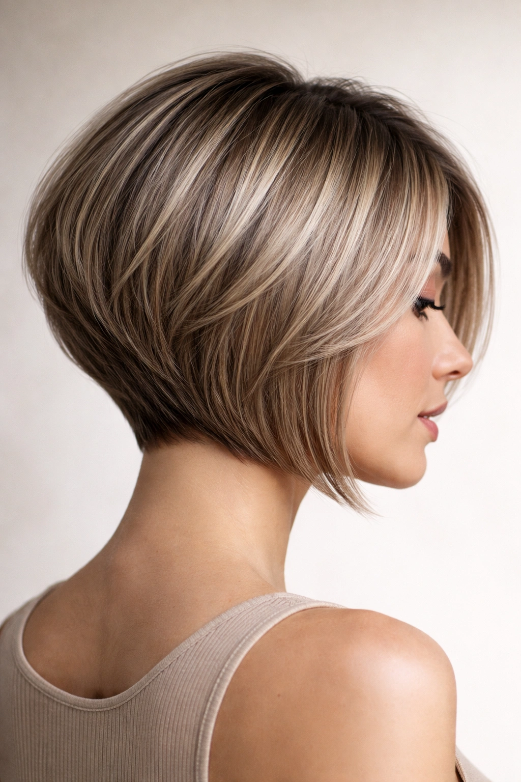 Inverted bob with mushroom blonde highlights on cool beige-gray hair; sculpted back stack
