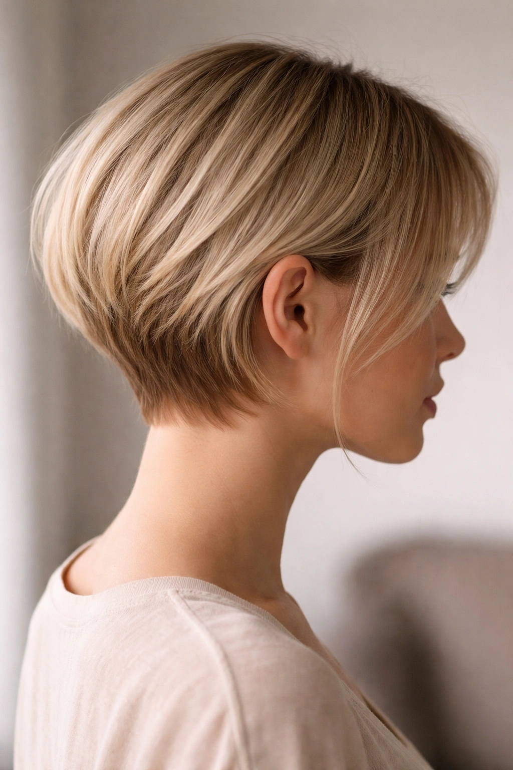 Inverted bob showing stacked nape and longer front pieces in profile.