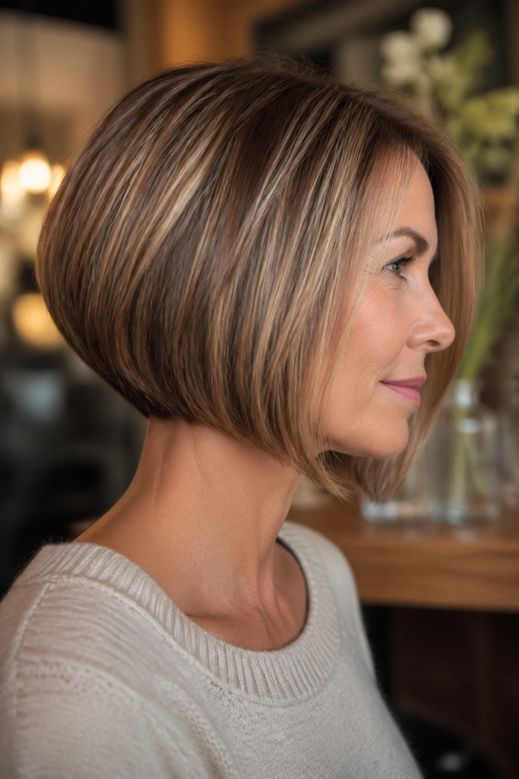 Side-profile of a real woman with a soft inverted bob showing neck-hugging back