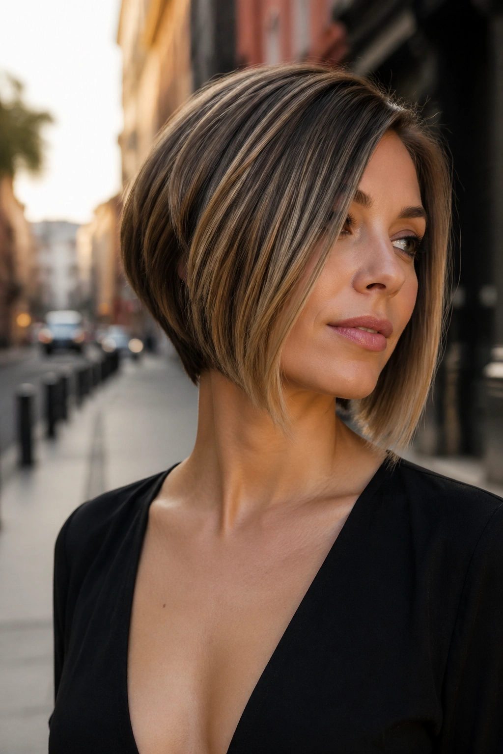 Portrait of a real woman with an inverted bob in urban light