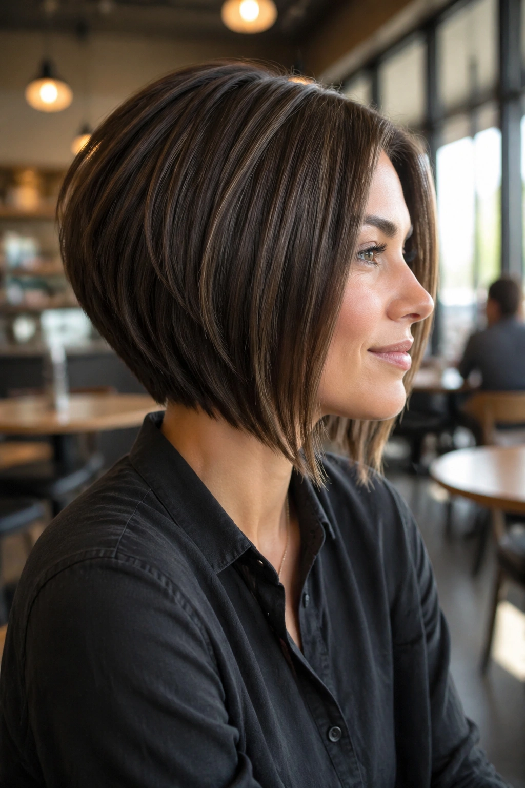 Three-quarter profile of a real woman with an inverted bob in a cafe setting.