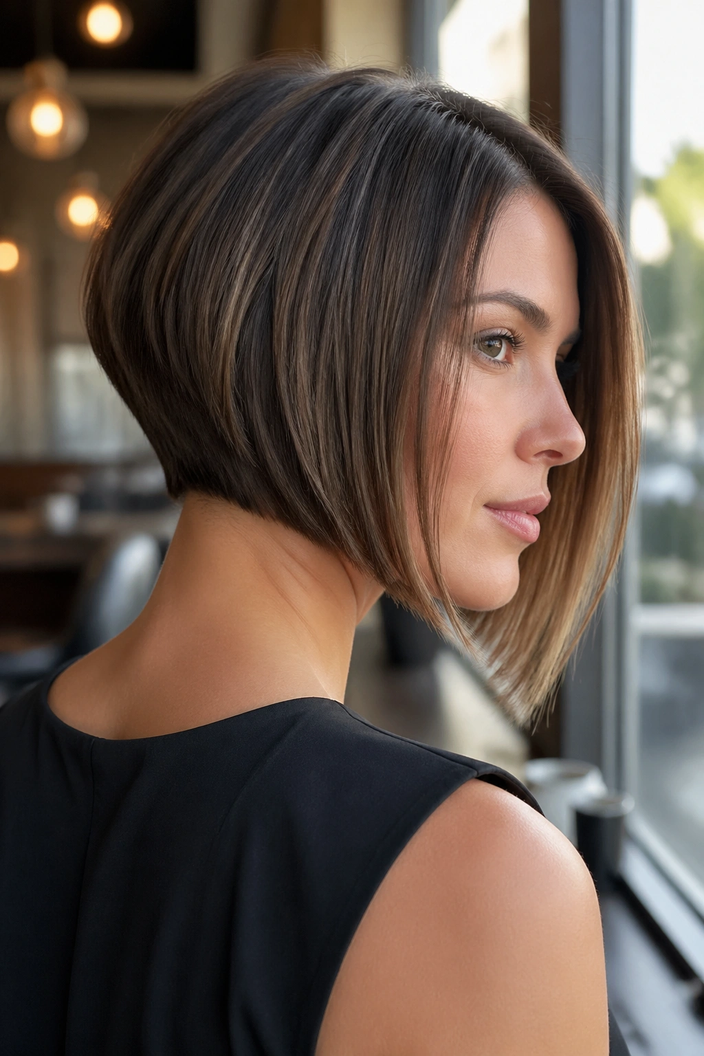 Close-up portrait of a woman with inverted bob showing longer front and shorter back