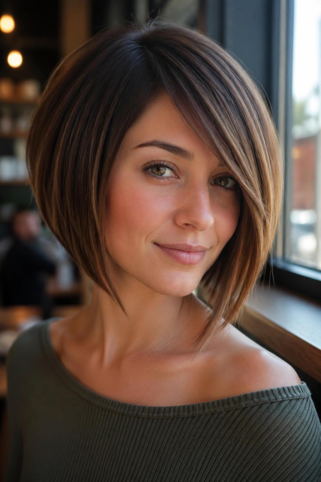 Real woman with side-swept fringe integrated into inverted bob.