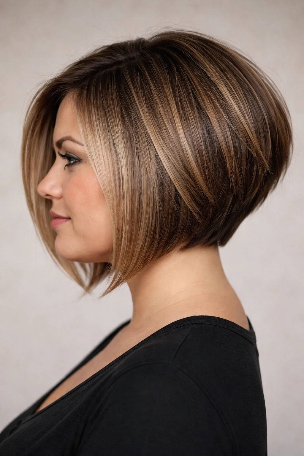 Inverted bob with stacked back lifting at the crown