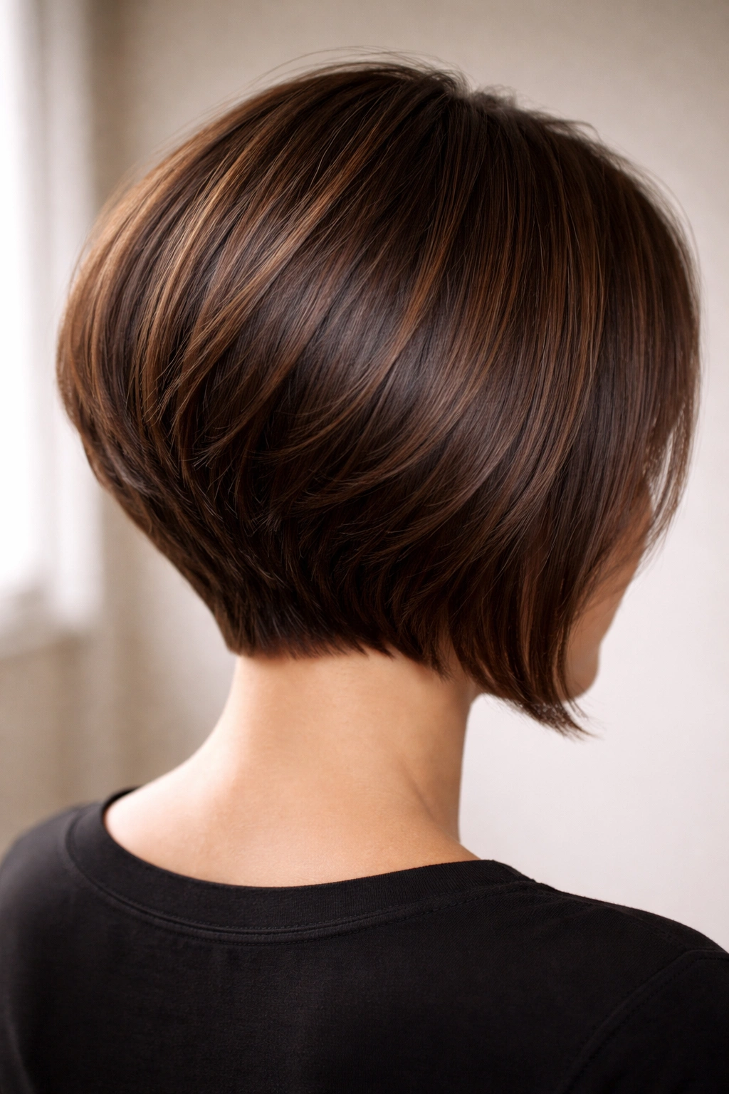 Back view of an inverted bob with a stacked back, short nape, and lifted crown.