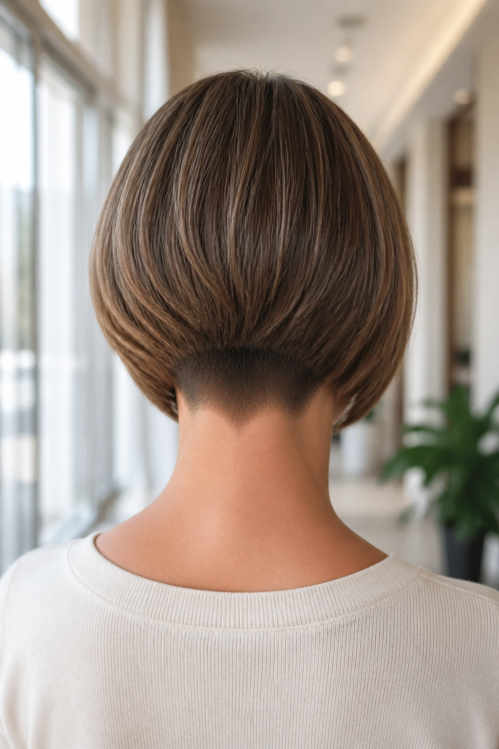 Back view of a real person with an inverted bob showing a tapered nape