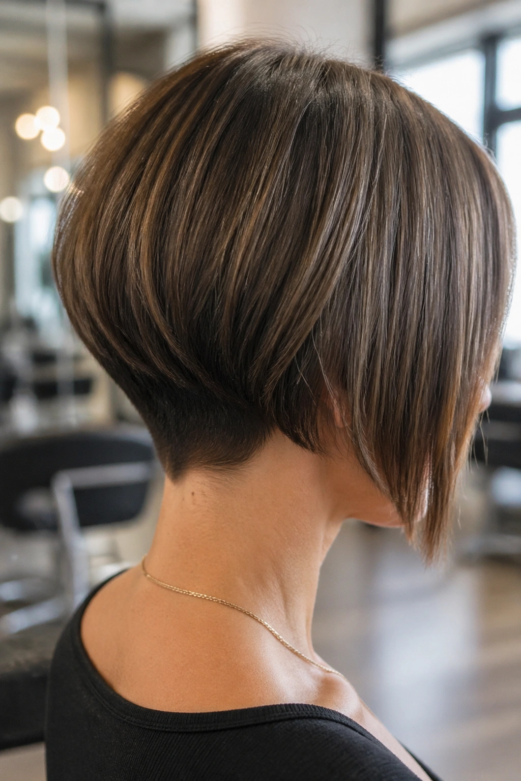 Portrait of a real woman with an inverted bob and tapered nape.