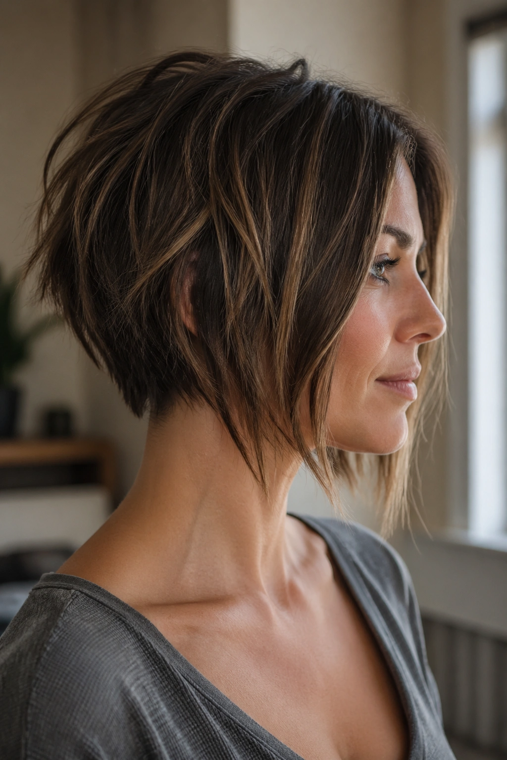 Three-quarter portrait of a woman with inverted bob and undone nape.