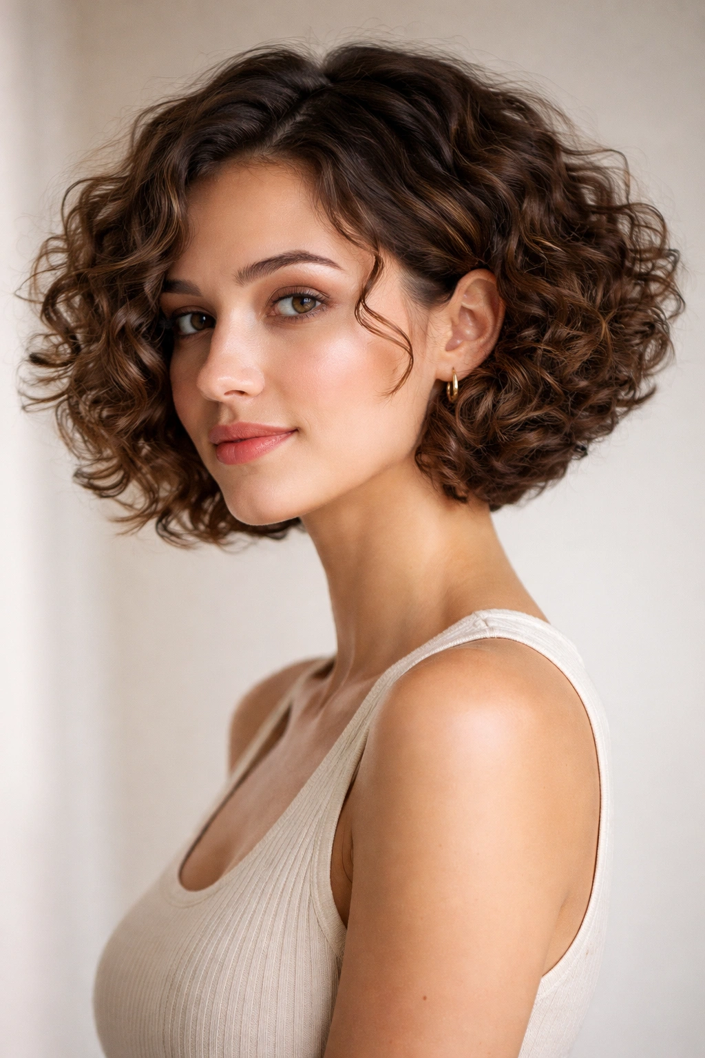 Portrait of a girl with an inverted curly bob, front longer than back and curly texture visible.