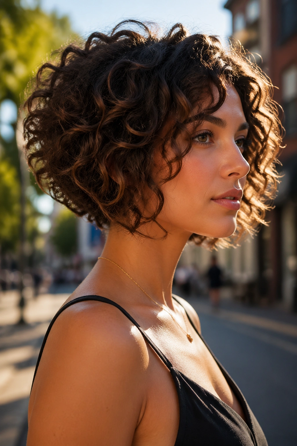 Close-up of a real woman with inverted curly bob showing lift in the back