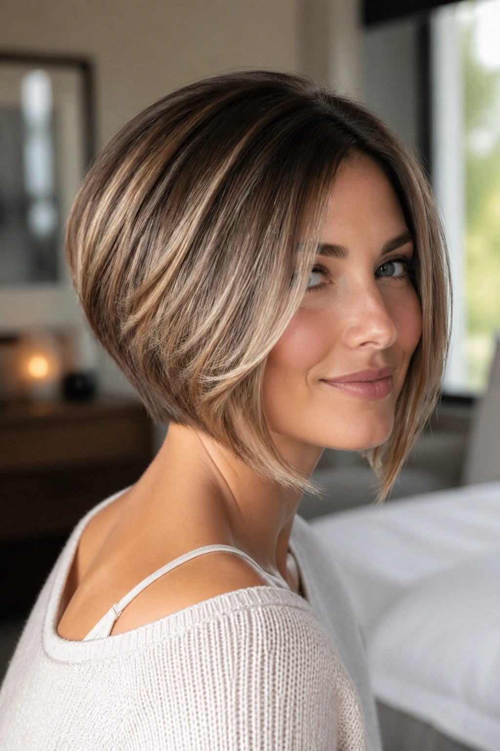 Real woman with an inverted feathered bob featuring a forward-swept front.