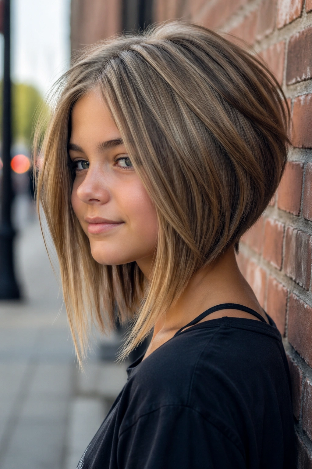 Close-up of Inverted Lob with Stacked Back on a real girl, back lifted with layers.