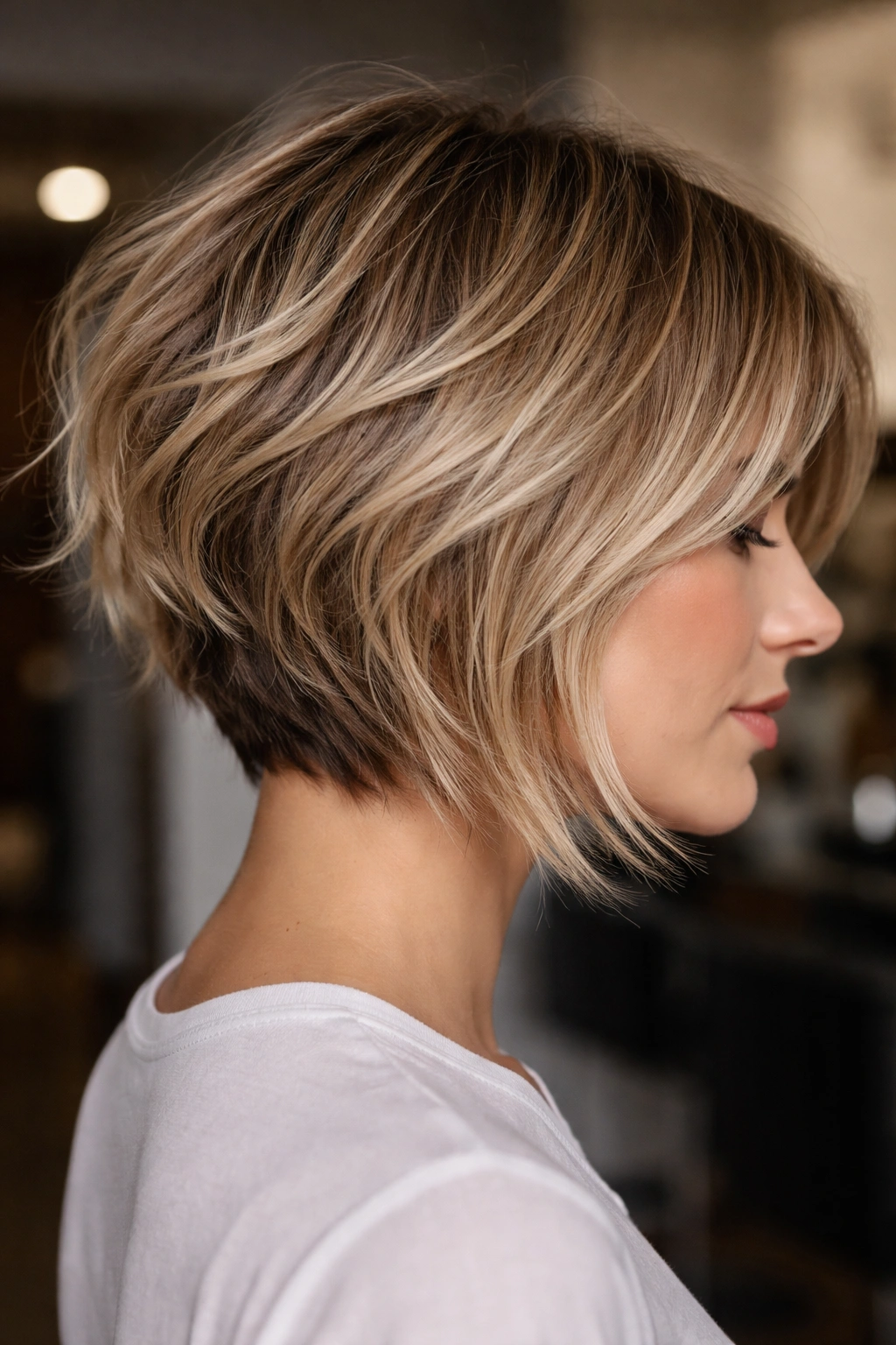 Side profile of an inverted shaggy bob with a stacked back