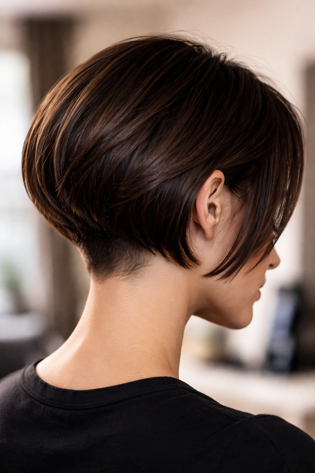 Side profile of inverted stacked bob with hidden undercut at nape.