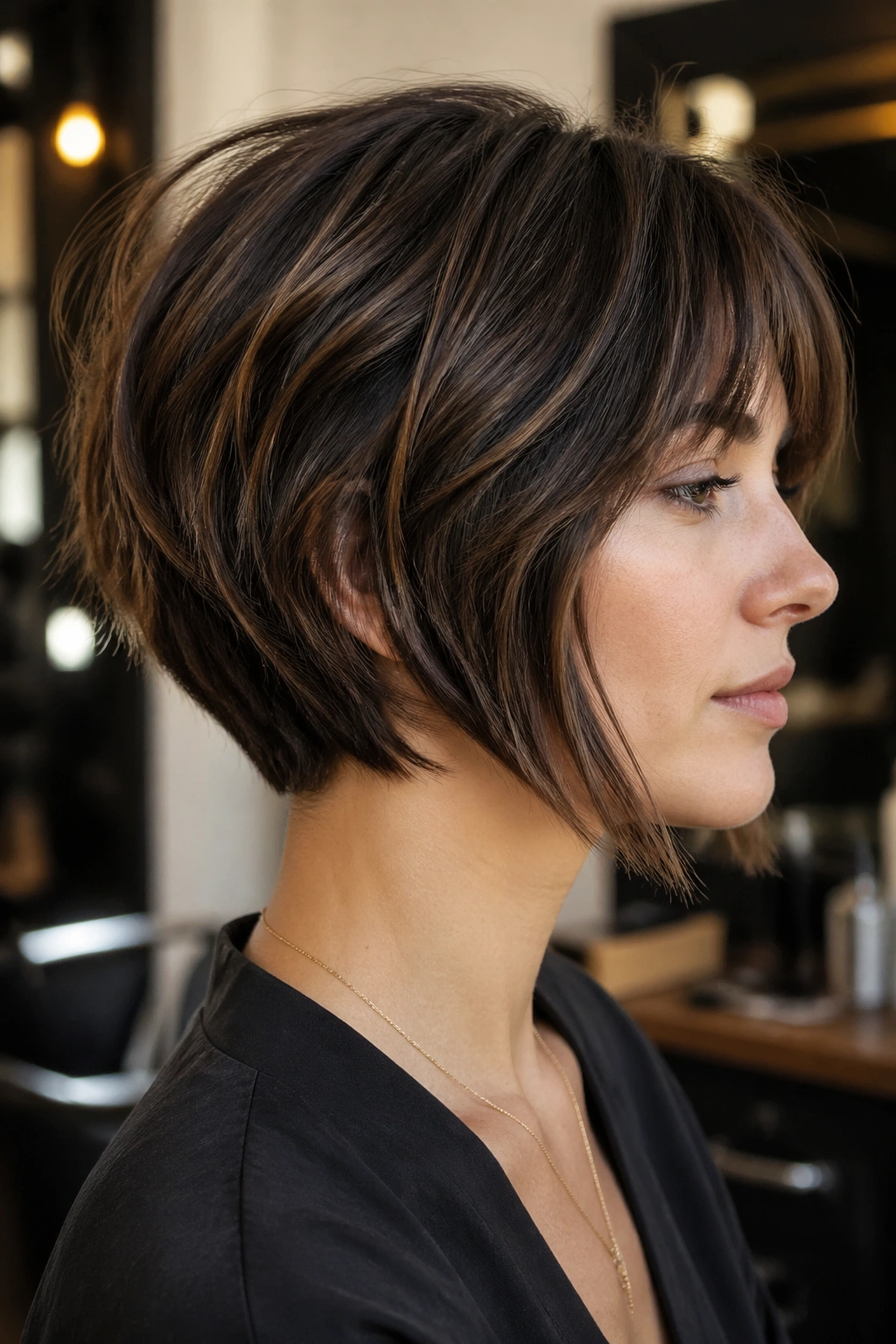 Side-profile of real person with inverted wolf cut bob highlighting the stacked back and jaw-length front