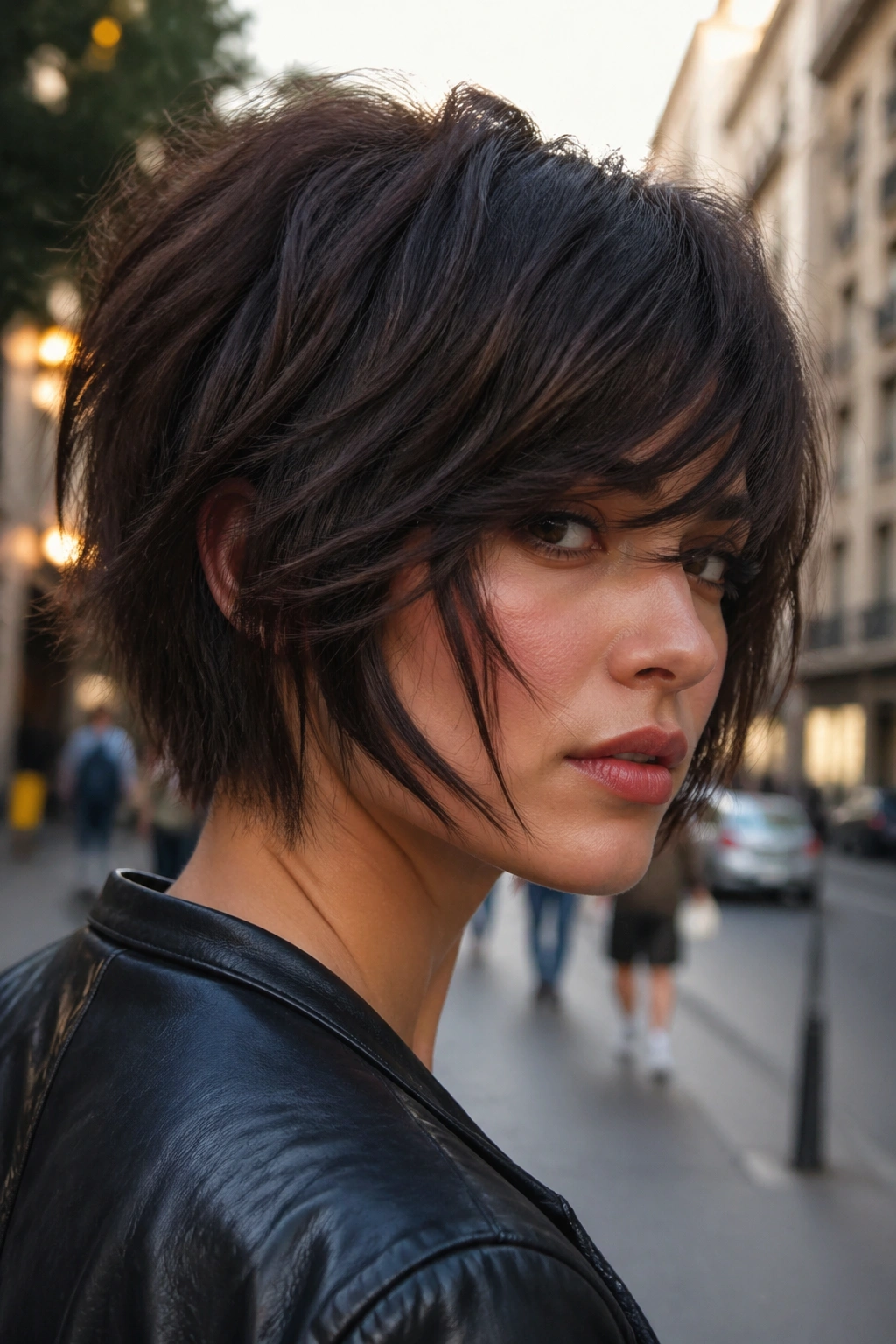 Portrait of a real person with a choppy inverted wolf cut bob and side-swept bangs