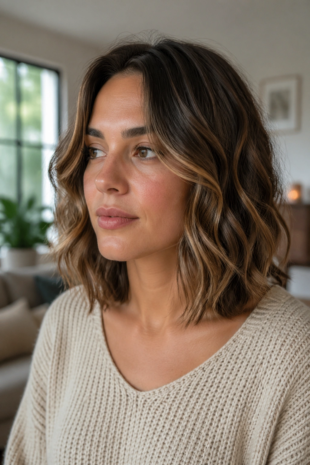 Close-up portrait of a real woman with waves and an invisible-layer lob