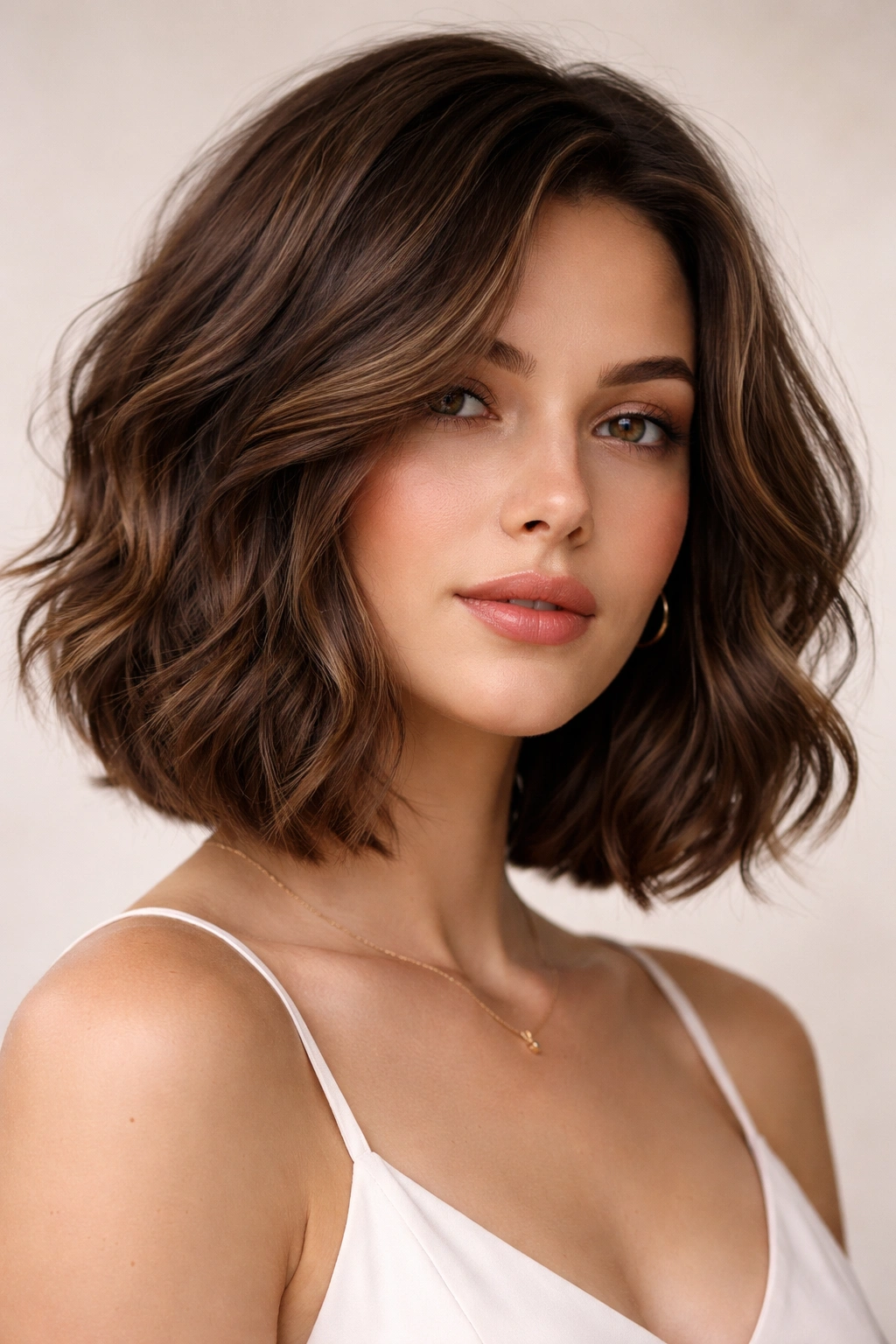 Close-up of a medium-wavy bob with invisible layers showing natural movement.
