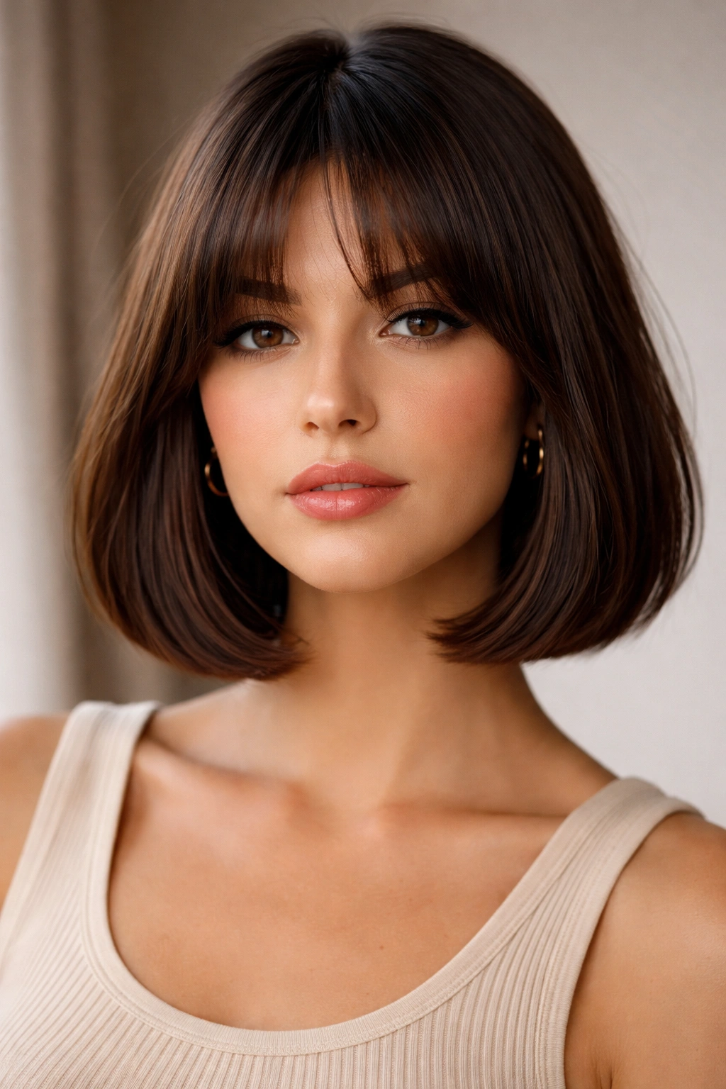 Italian bob with dense curtain bangs portrait in studio.