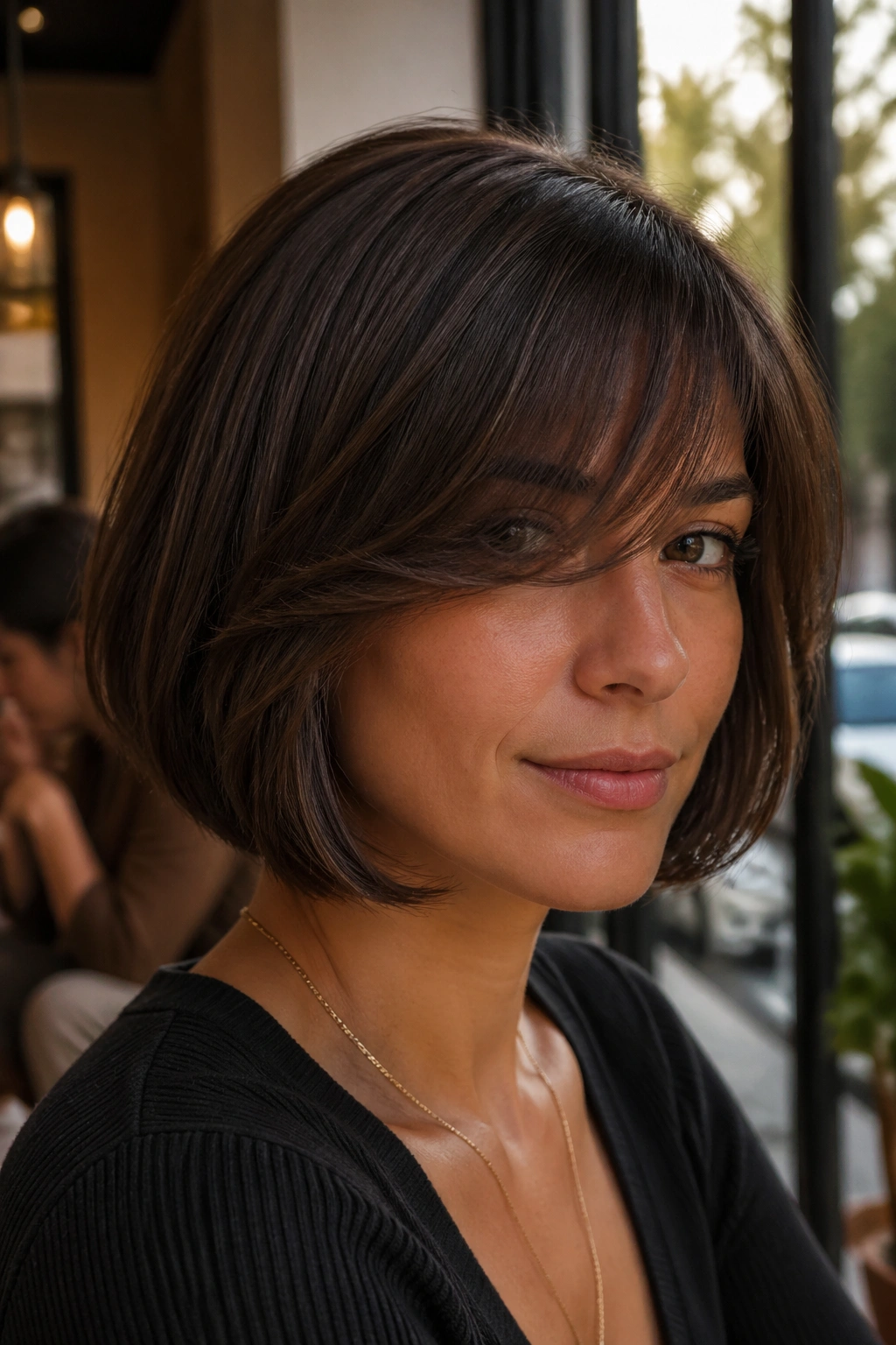 Close-up of a real woman with an Italian bob and long bangs, subtle movement in the ends.