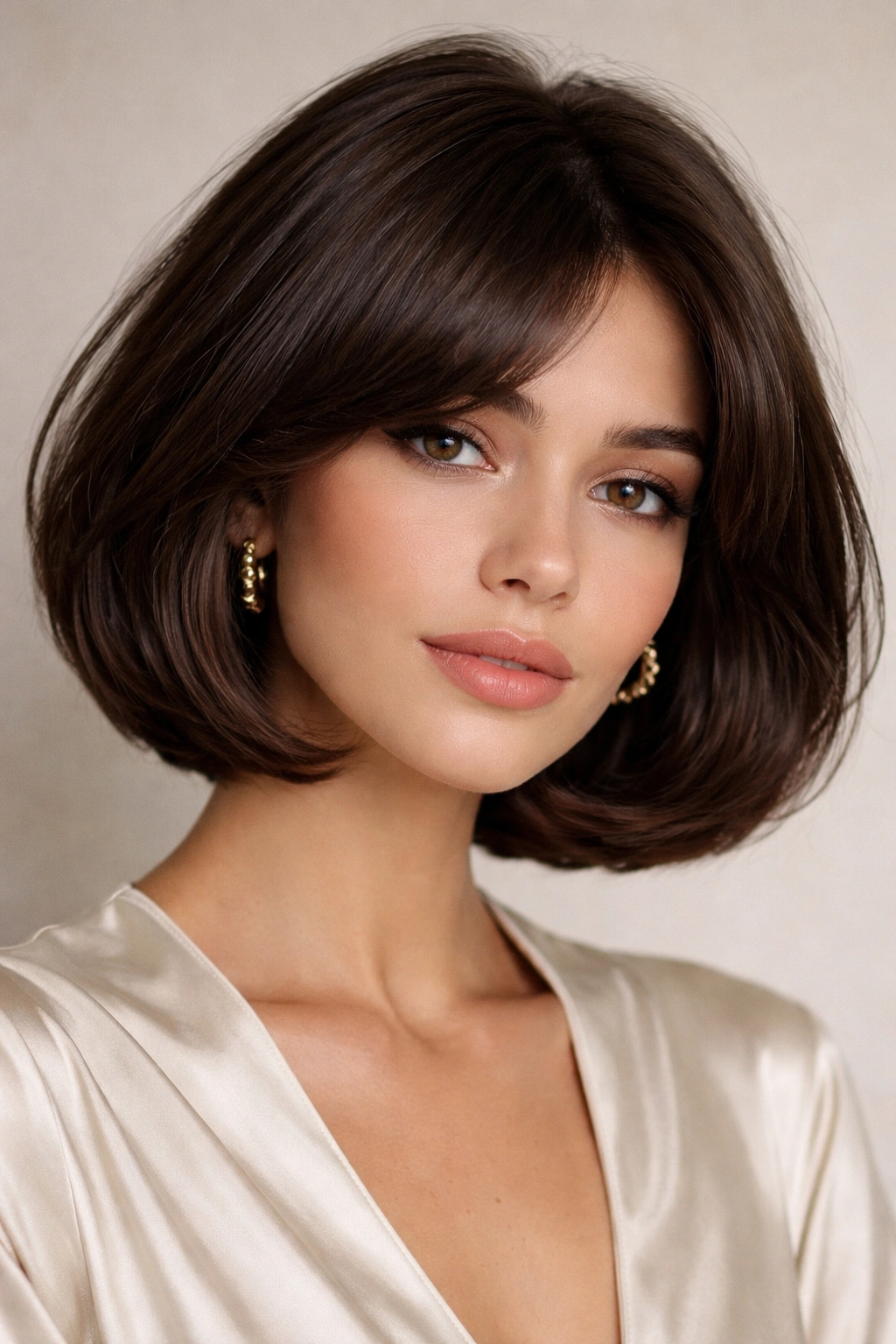 Italian bob with full volume in dark brown hair illustrating rounded shape