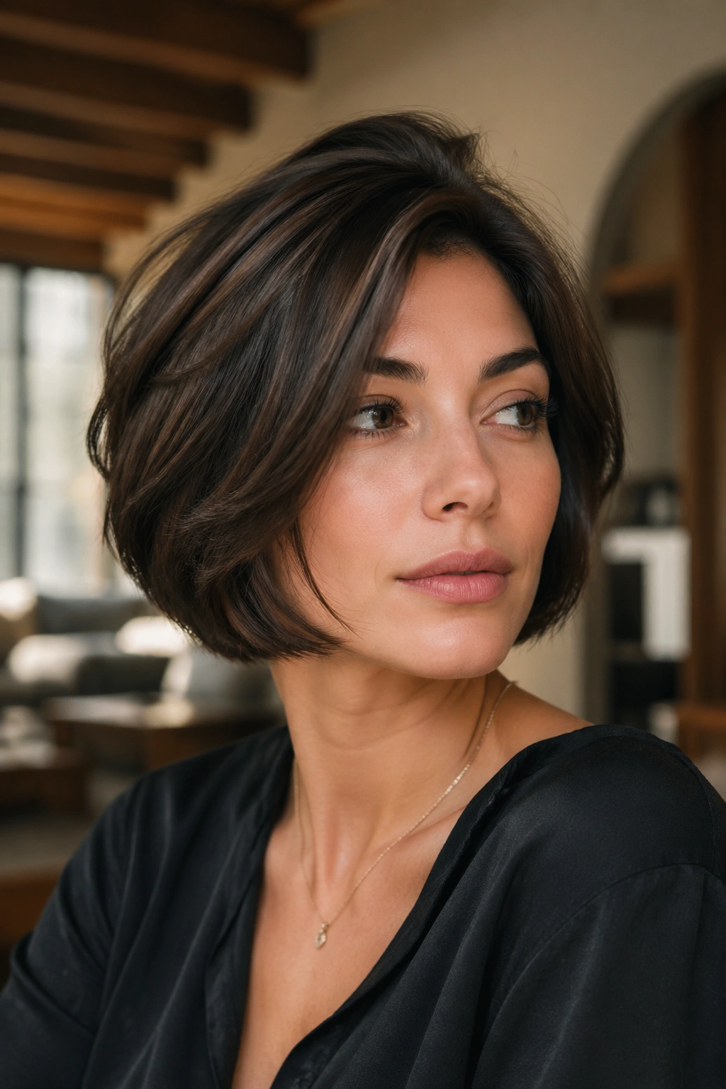 Close-up portrait of a woman with an Italian bob and soft volume.