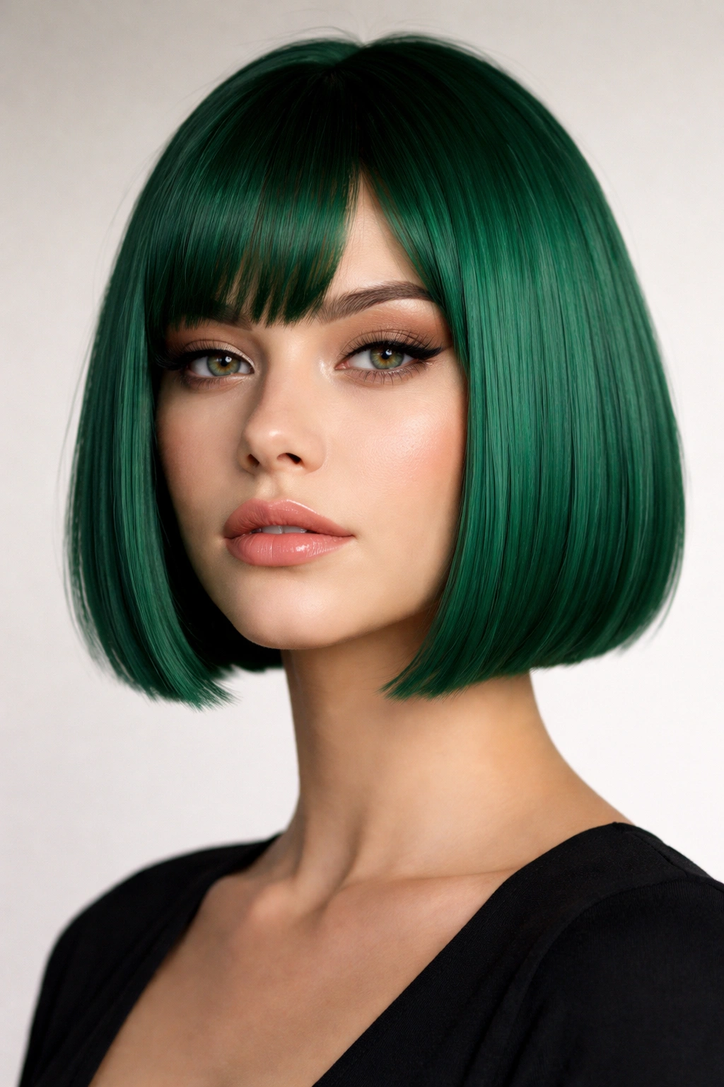 Jade chin-length blunt bob with crisp perimeter and saturated jade color