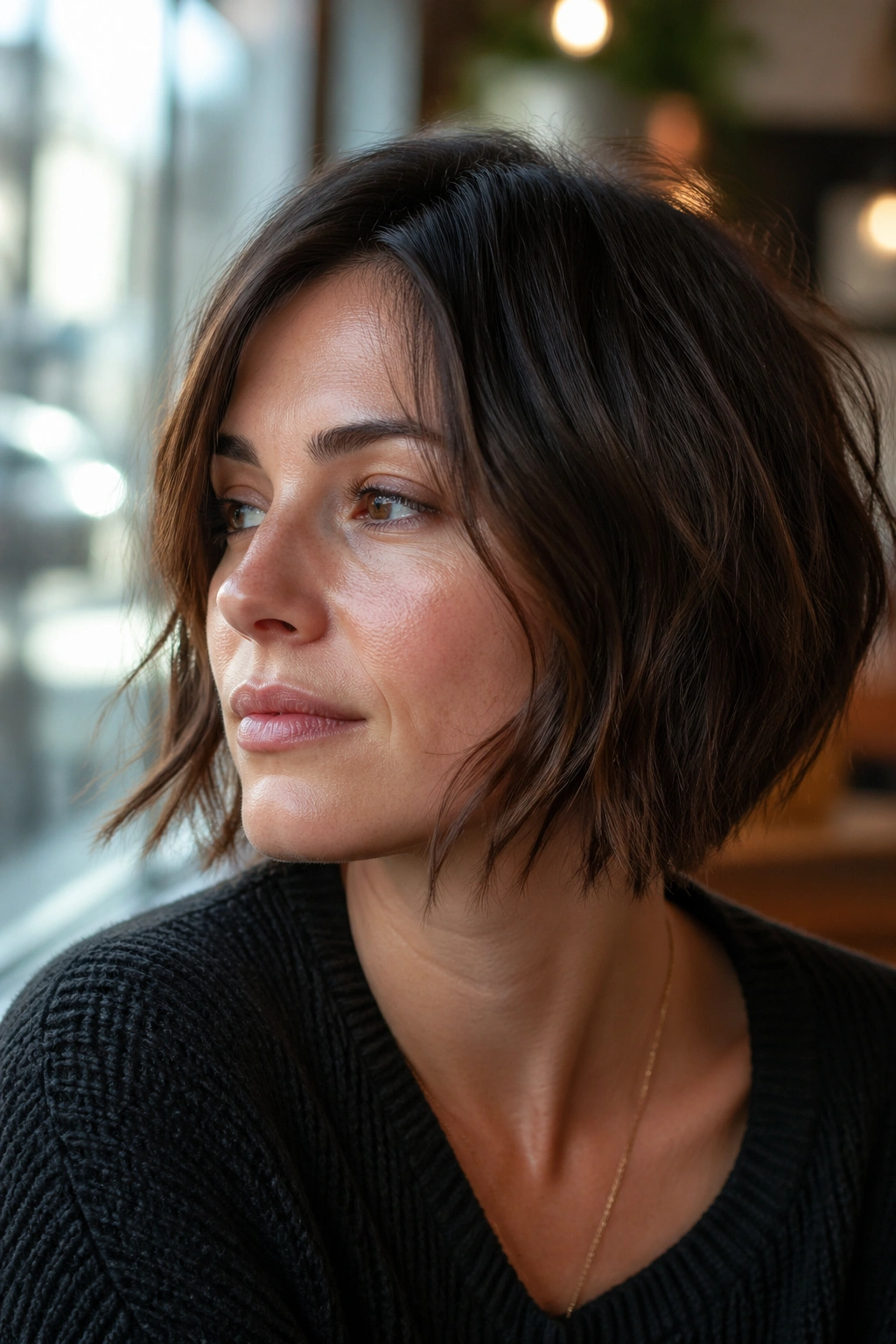 Close-up portrait of a real woman with a jaw-grazing bob and broken ends in natural daylight