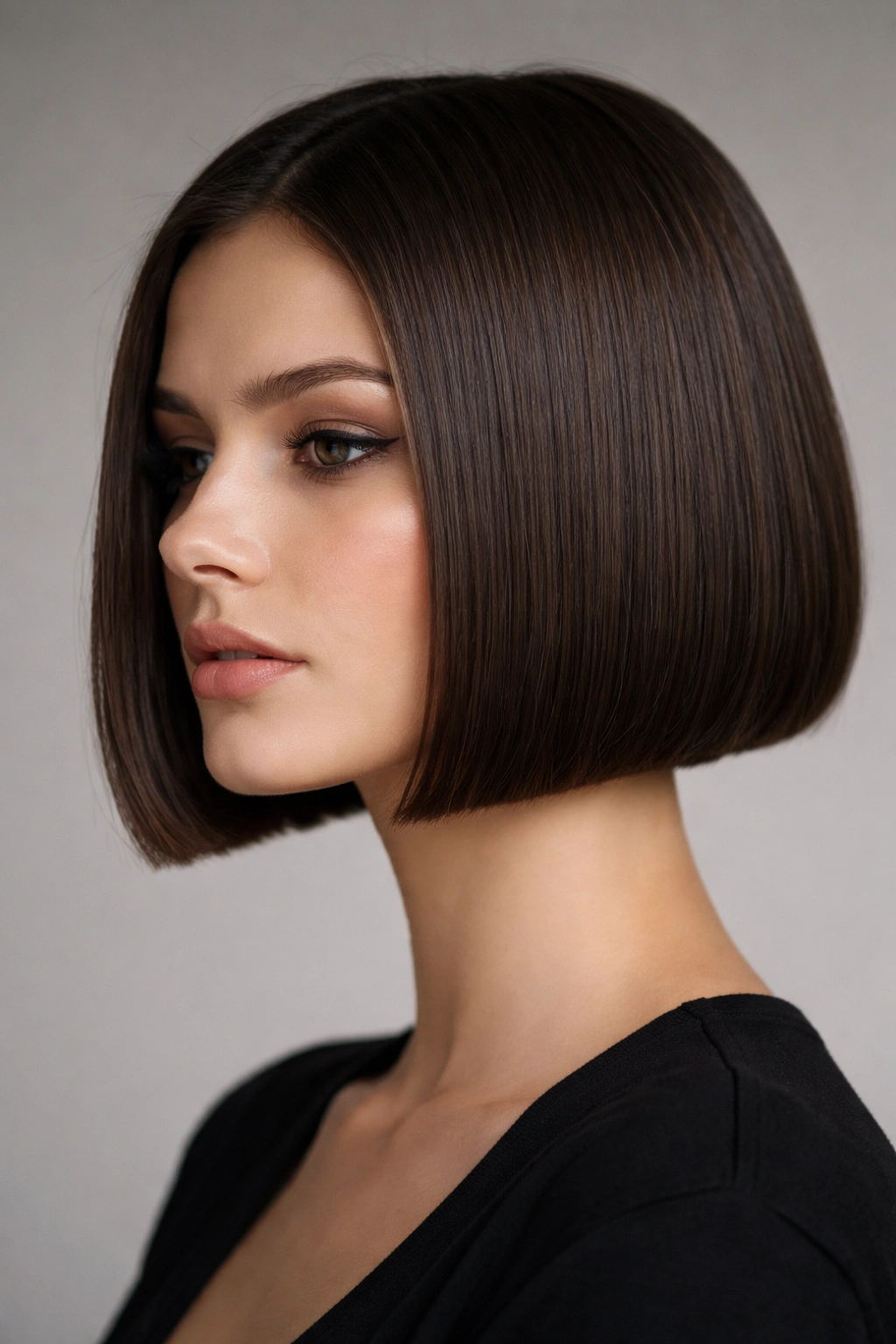 Jaw-length blunt carved bob with a crisp jawline and straight edge
