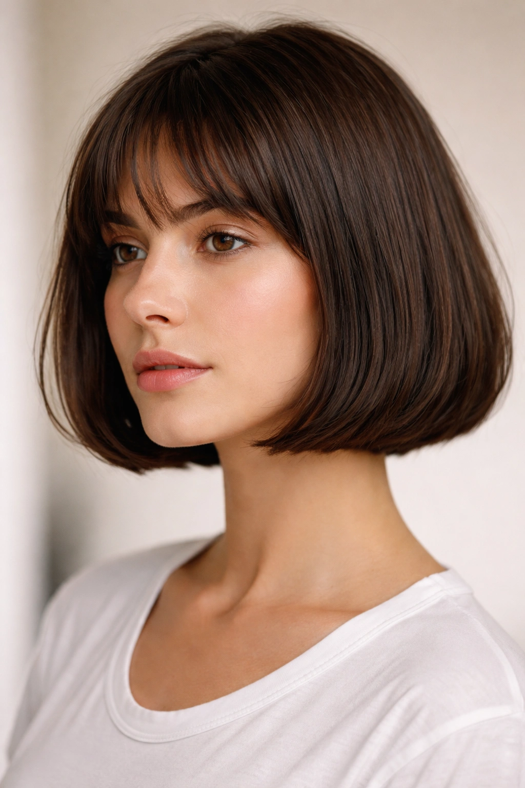 Close-up of jaw-length blunt French bob emphasizing crisp edge and subtle under-bevel