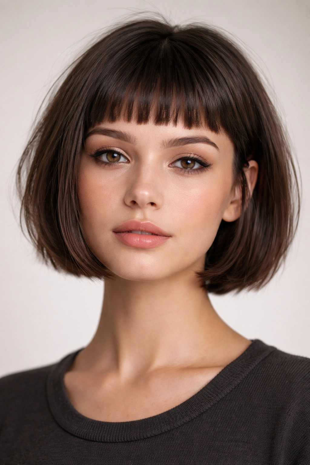 Jaw-length bob with baby bangs close-up showing bold frame